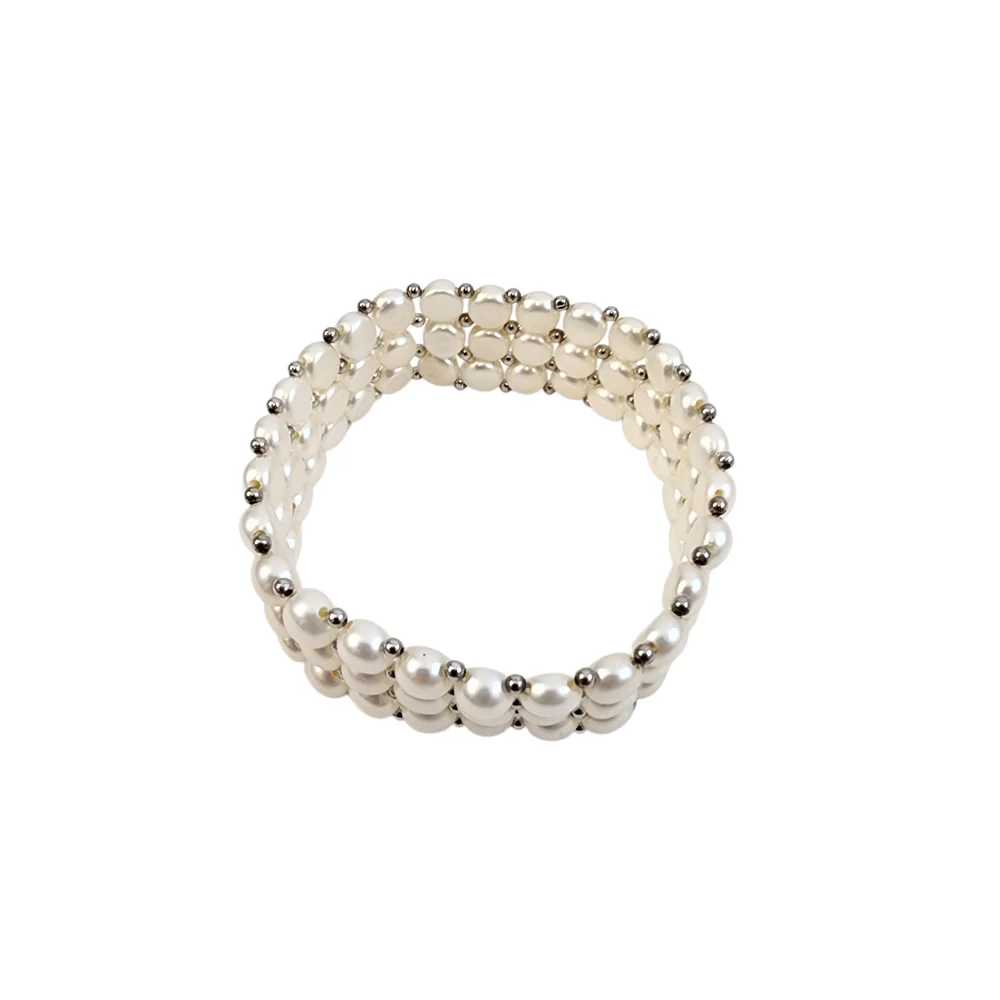 White Pearl Bracelet 3 Tiers Silver Beads Genuine Pearls Art Deco + A0362 Q7